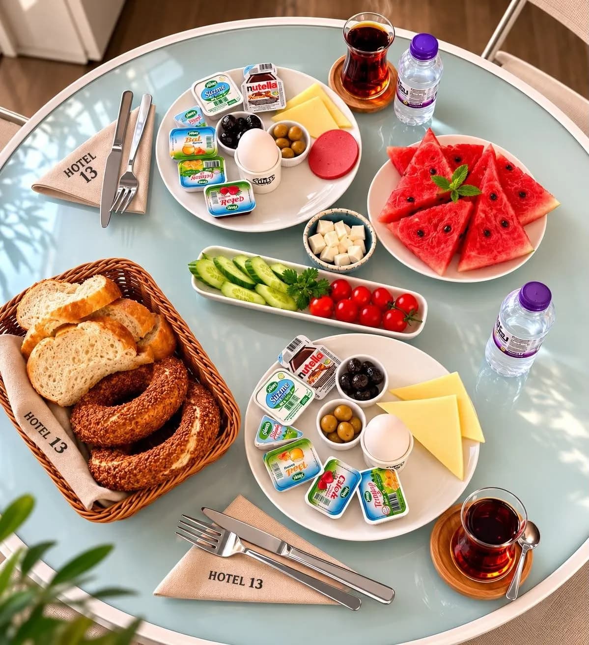 Tepside serpme kahvaltı: peynir, zeytin, meyve, simit ve çay